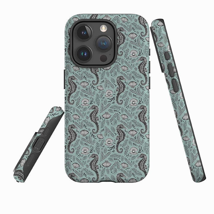 iPhone Tough Case - Seahorse Seafoam By Catherine Rowe Hybrid Finish Texture Gloss Layer Finish