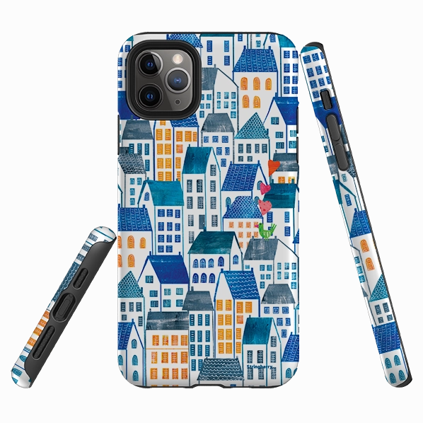 Rugged Design Style iPhone Tough Case - Blue Rooftop Houses By Tracey English