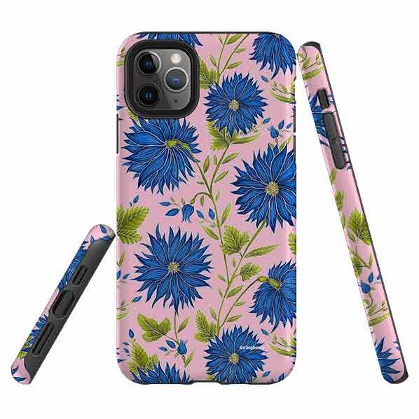 Premium Surface Finish Durable Edge Layer iPhone Tough Case - Blue Flowers Pink By Catherine Rowe