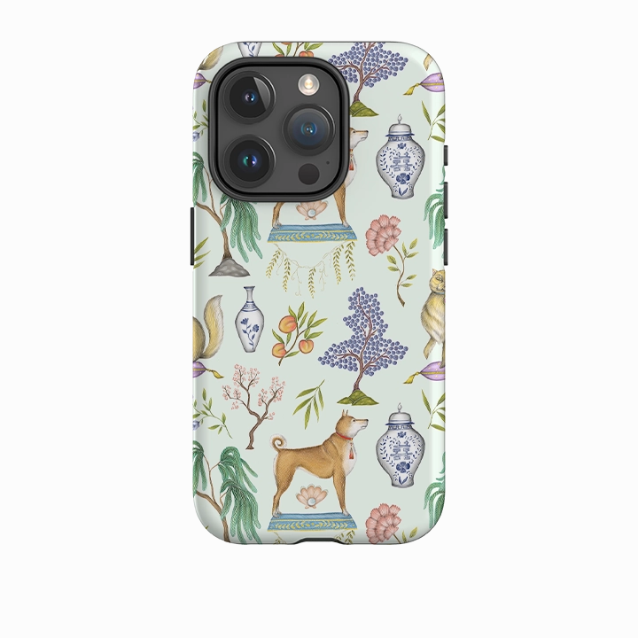 Matte Shield Layer soft look iPhone Tough Case - Chinoiserie Menagerie Green By Catherine Rowe
