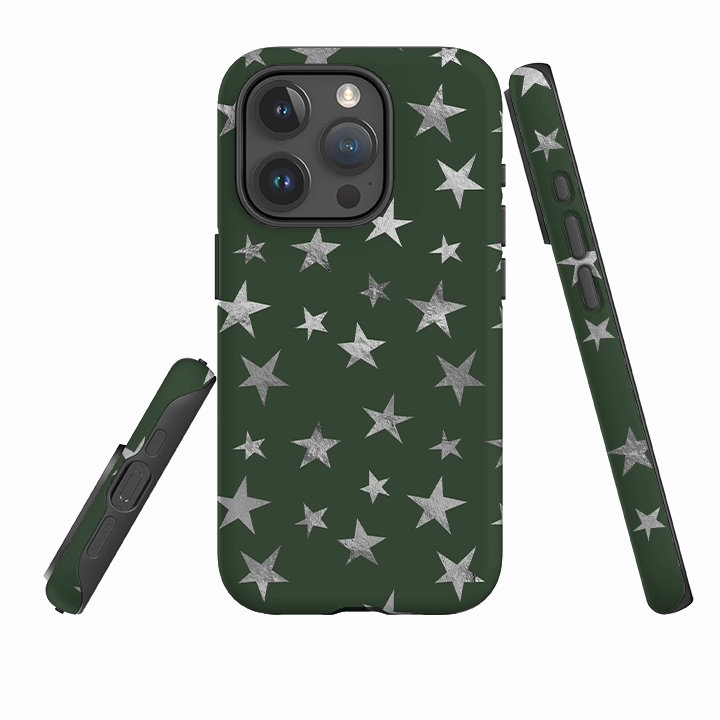 Vivid Surface Vivid Pattern Design iPhone Tough Case - Green and Silver Stars