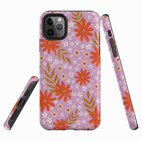 Tactile Buttons Rugged Surface Build iPhone Tough Case - Lilac and Red Floral Pattern By Lee Foster Wilson