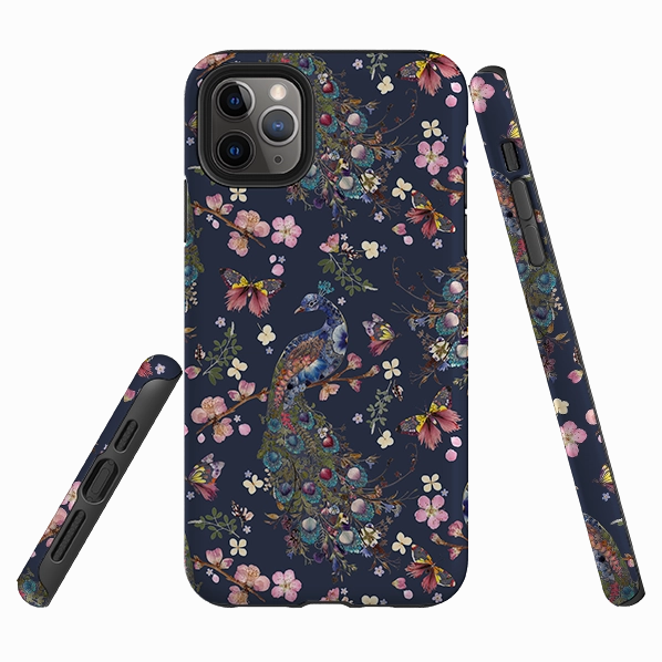 Smooth Layer Texture Flexible frame iPhone Tough Case - Peacock and Cherry Blossoms Iris By Helen Ahpornsiri