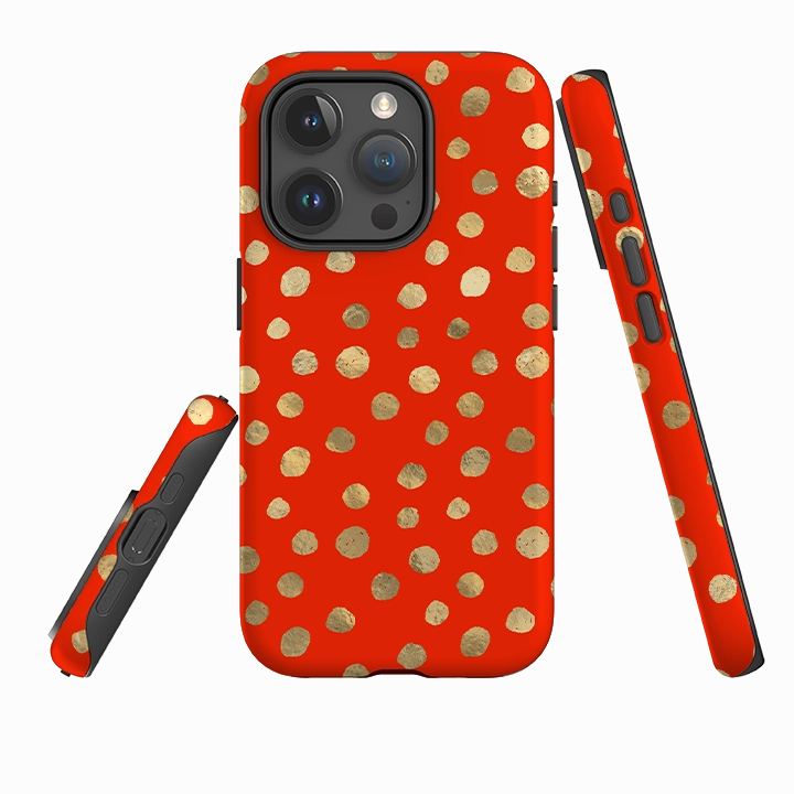 iPhone Tough Case - Red and Golden Dots Modern Aesthetic Hybrid Grip