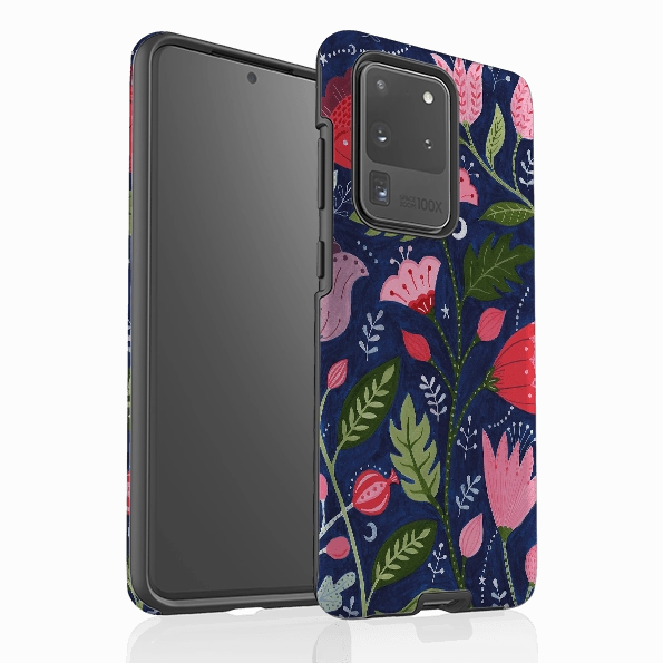 metal frame Soft Surface Layer Samsung Tough Case - Flowers On Blue By Bex Parkin