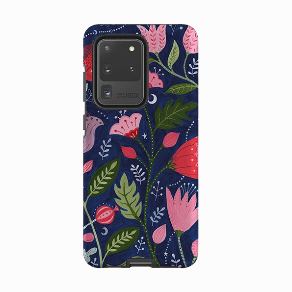 Hybrid Frame Flexible Pattern Texture Samsung Tough Case - Flowers On Blue By Bex Parkin