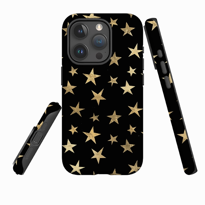 iPhone Tough Case - Black and Gold Stars Trendy Texture Finish